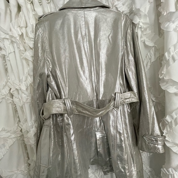 NEW Chicos SILVER TRENCH Coat REAL leather sparkle disco chic 2 pocket NYE party - Picture 4 of 7